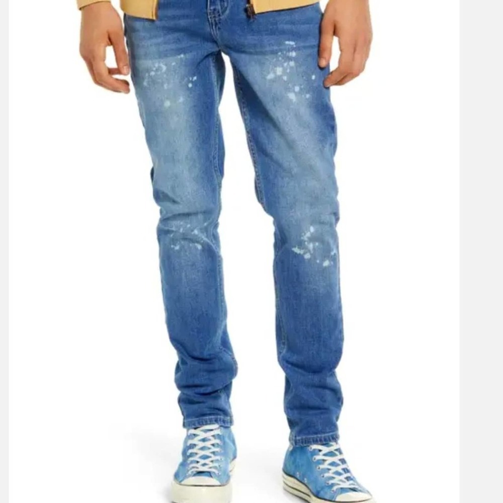 BP Mens Skinny Fit Distressed Jeans in Indigo with Paint